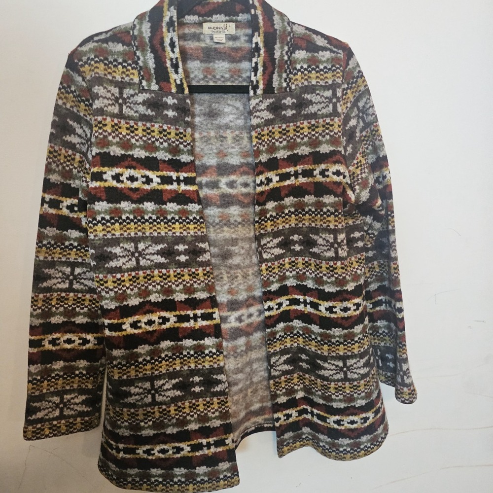 One World Women's Large Boho Aztec Open Cardigan Thick MulticolorAutumn Academia